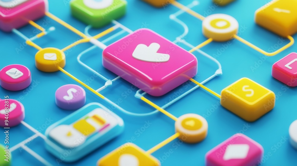 Blue background with colorful icons representing social media, marketing. Blue background with colorful icons representing social media, marketing.