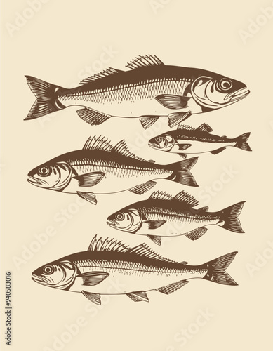 Five Stylized Fish in a Row