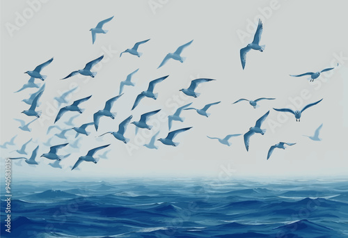 Flock of Seagulls Soaring Over Calm Ocean Waves