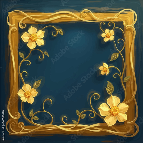 Framed Floral Artwork with Golden Frame and Leaf Decorations