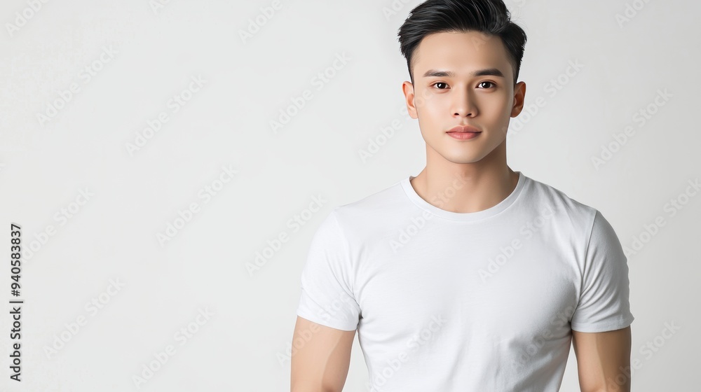 Young Asian Man Wearing a Blank White T-Shirt for Content Copy Space Generative AI Young Asian Man Wearing a Blank White T-Shirt for Content Copy Space Generative AI