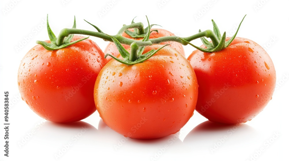 Four fresh tomatoes with water droplets, showcasing their vibrant color and natural freshness. Four fresh tomatoes with water droplets, showcasing their vibrant color and natural freshness.