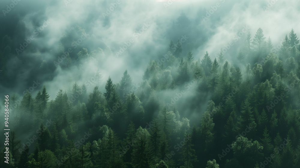 Misty forest landscape with dense pine trees shrouded in fog during early morning light creating a serene atmosphere Misty forest landscape with dense pine trees shrouded in fog during early morning light creating a serene atmosphere