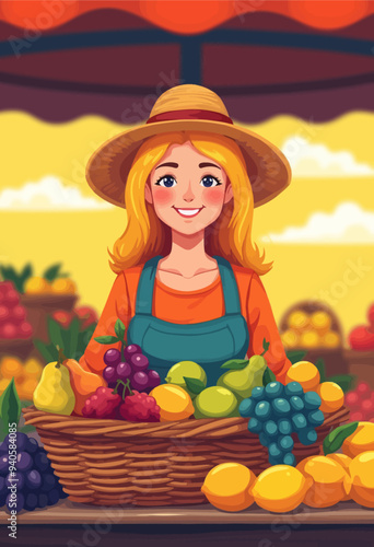 Fresh Produce Market Vendor Smiling at Her Bountiful Display