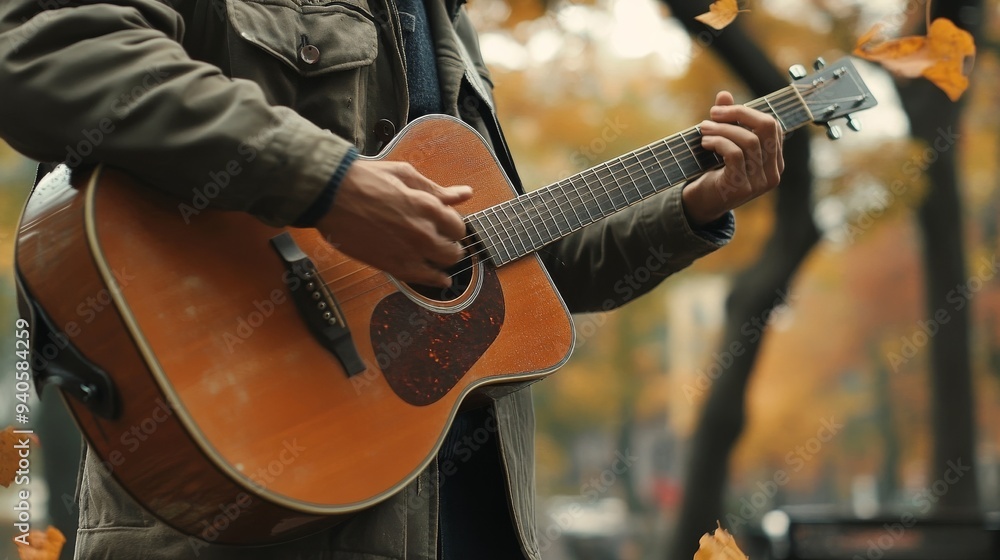 Fototapeta premium Man playing guitar outdoors