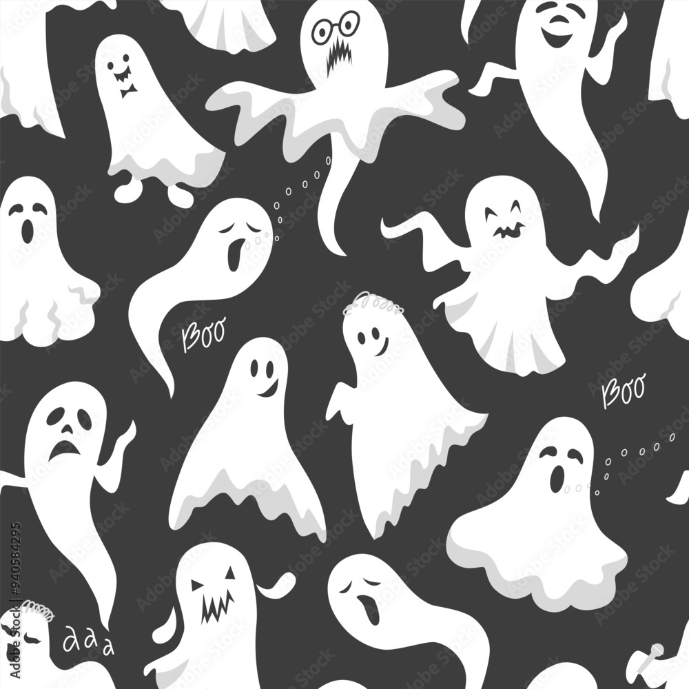 Cute creepy ghosts seamless pattern. Halloween background. Flat vector illustration for printing on fabric and paper. Cute creepy ghosts seamless pattern. Halloween background. Flat vector illustration for printing on fabric and paper.