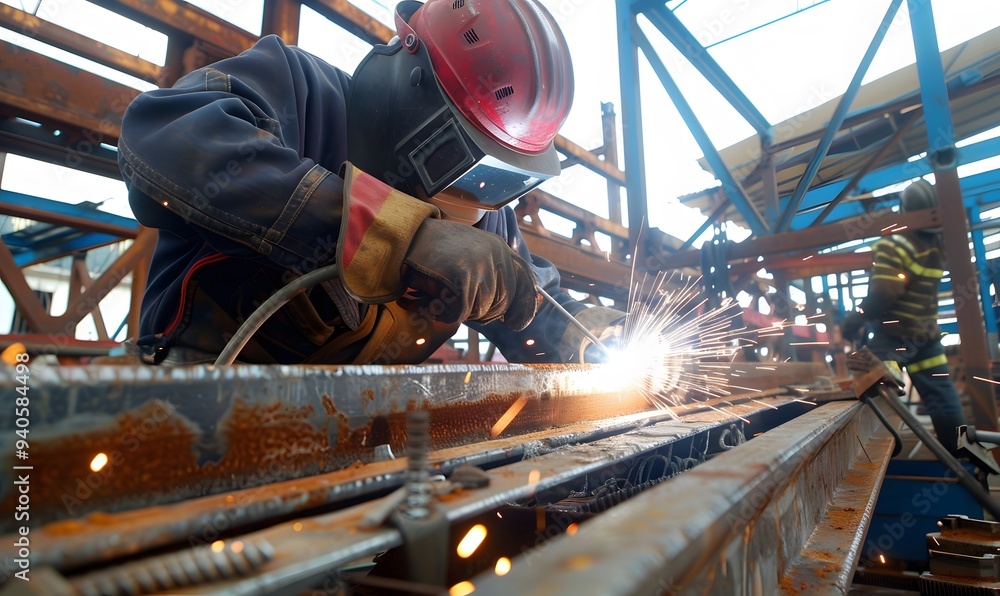 Welder erecting technical steel. Welder erecting technical steel.