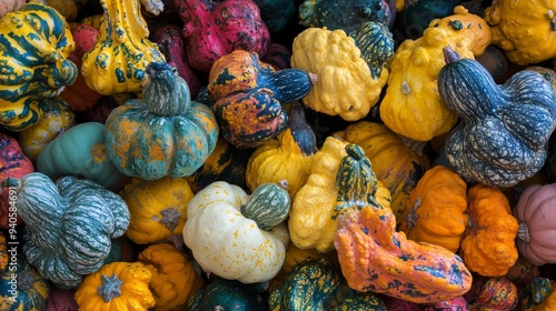 Gourds and squash, colorful and unique, adorn autumn decor. photo