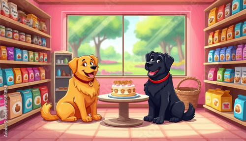 Friendly Dogs Enjoy a Cake Together in a Pet Store