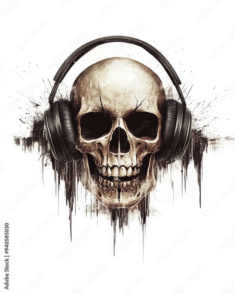 Obraz premium A skull with headphones on, DJ-style, with sound waves visualized around it, set on a white background with space for copy