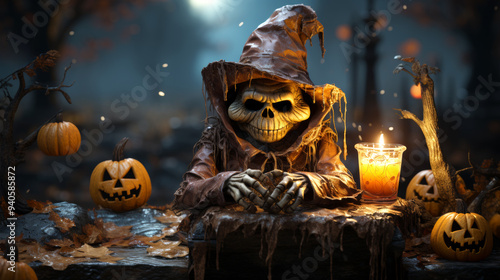 Creepy little wild Halloween skeleton with black eyes and old used pointed hat with a candle and some jack-o-lanterns all around him with a blurry background photo