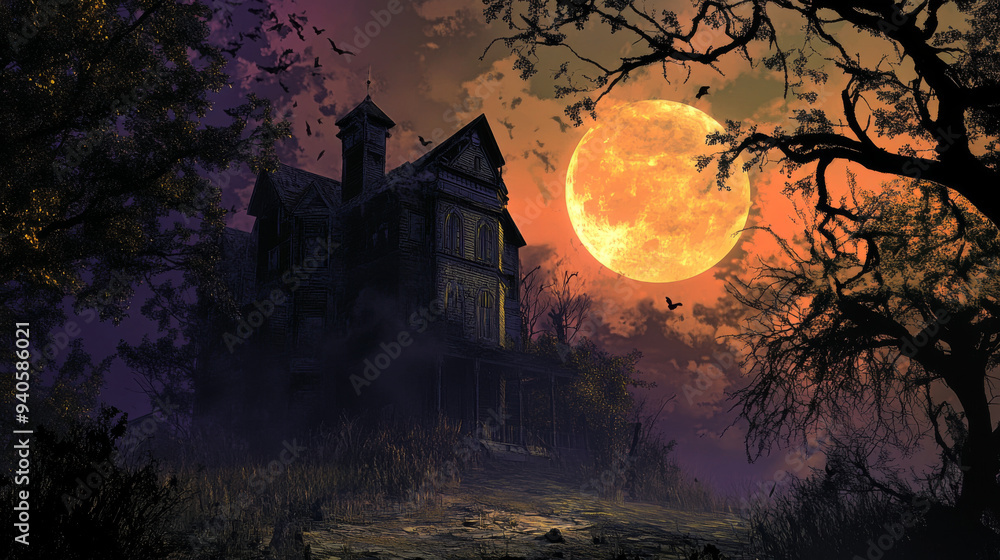 A haunted house and full moon. A haunted house and full moon.