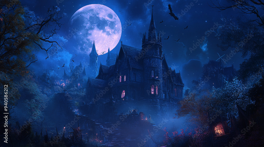 Fototapeta premium The Haunting at Midnight. A haunted house and full moon.