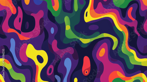 Abstract psychedelic waves pattern with purple green pink and yellow