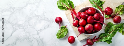  A bowl of radishes atop a wooden cutting board Nearby, a second cutting board holds green leaves photo