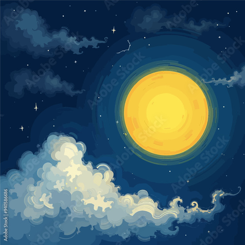 Glowing Moon in the Night Sky with Clouds and Stars