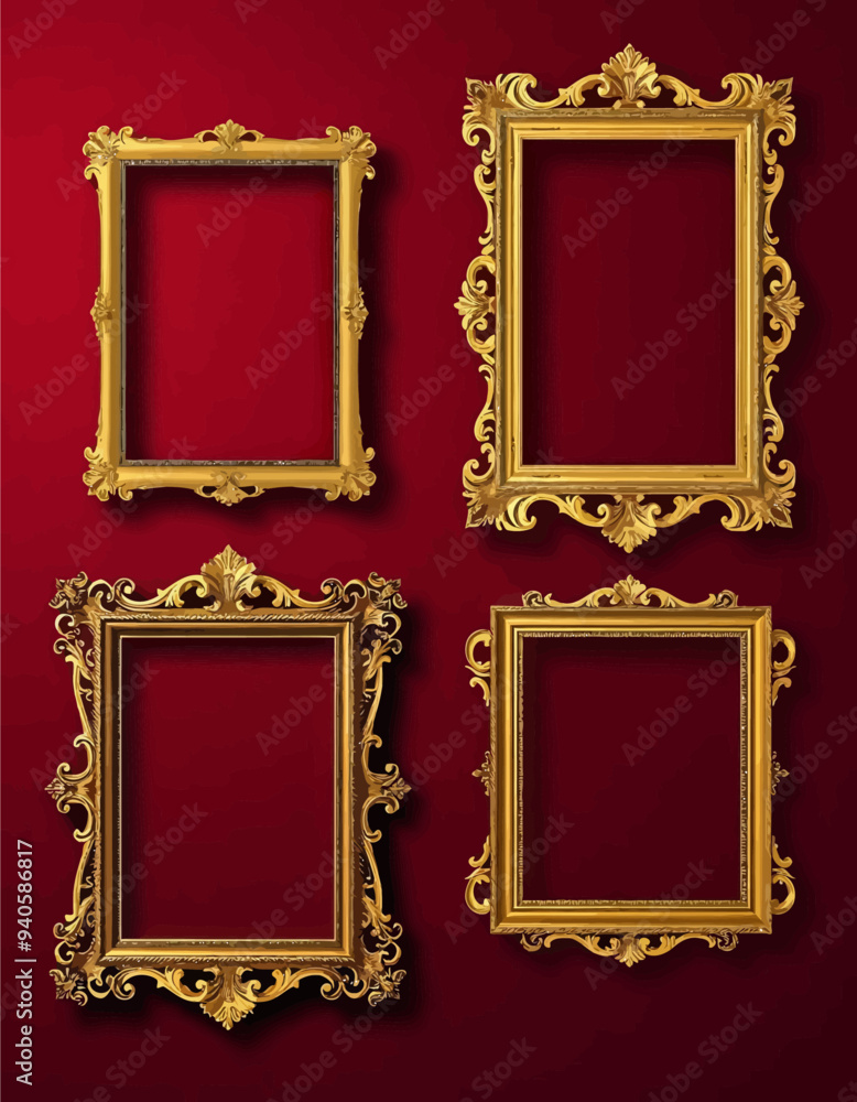 Gold-framed picture frames against red background Gold-framed picture frames against red background
