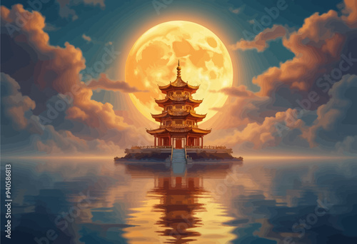 Glowing Moon Over Temple: A Serene Night Scene