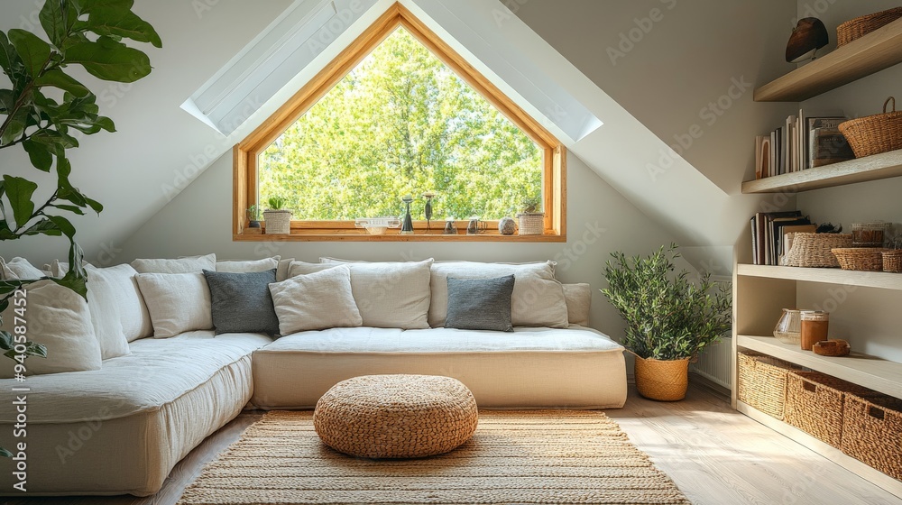 Corner sofa against shelving unit, scandinavian home interior design of modern living room in attic in farmhouse Corner sofa against shelving unit, scandinavian home interior design of modern living room in attic in farmhouse