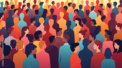 A crowd of diverse people, representing the global community This abstract art style illustration features soft gradients and vibrant colors