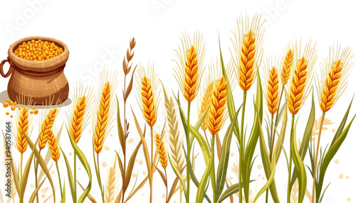Golden wheat field with a wooden bucket of seeds