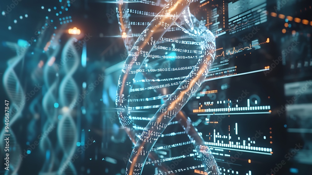 Conceptual image of genetic research, showing DNA helix structures and bioinformatics data visualizations in a scientific setting / Conceptual image of genetic research, showing DNA helix structures and bioinformatics data visualizations in a scientific setting /