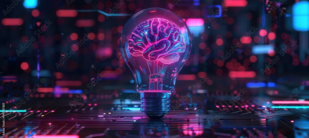 Neon AI brain in a light bulb against a blurry background of modern technology. Neon AI brain in a light bulb against a blurry background of modern technology.