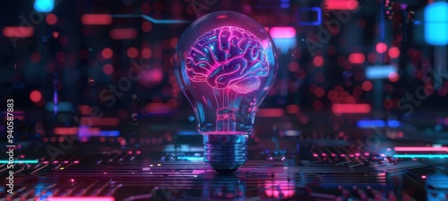 Wallpaper Mural Neon AI brain in a light bulb against a blurry background of modern technology. Torontodigital.ca