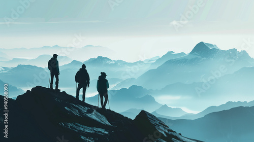 Three hikers admire mountainous landscape at dawn