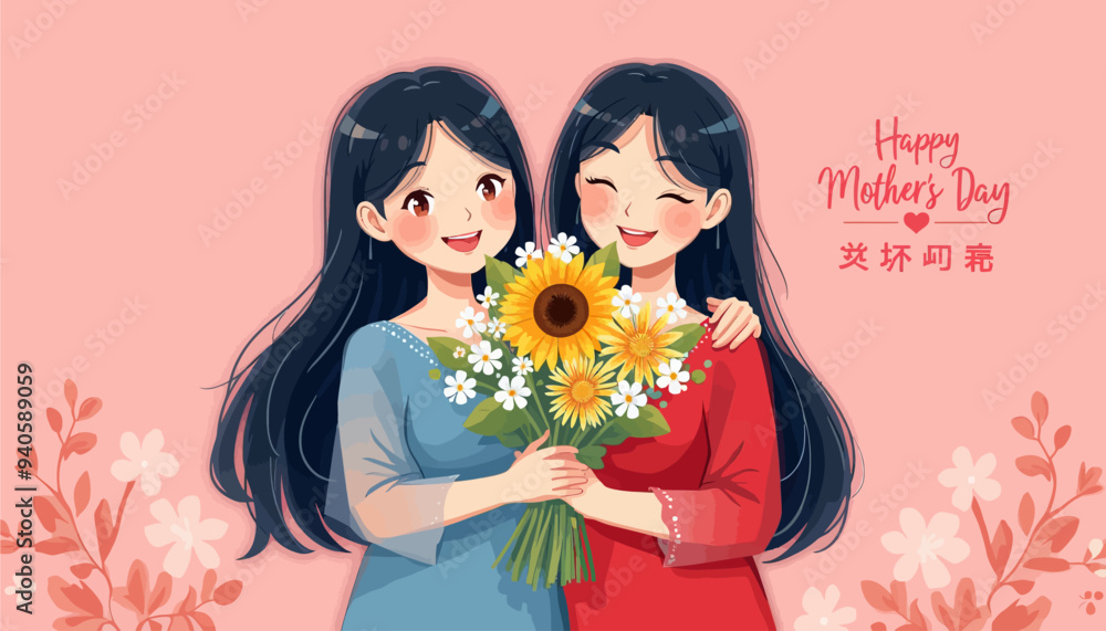 Happy Mother's Day: Two girls hug with flowers, pink background, Chinese text