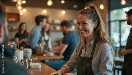 Cheerful barista greeting customers at trendy cafe counter, warm ambiance and friendly service