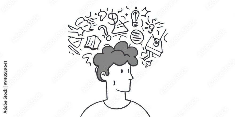 Fototapeta premium Person with Thought Bubbles Filled with Hand Drawn Ideas.