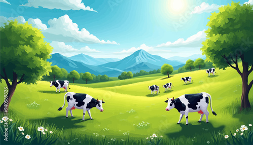 Herd of cows in a lush green field under a clear blue sky