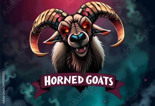 Horned Goats: Fantasy Creatures with Curved Horns and Red Eyes