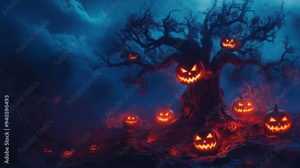 A dark, twisted tree with glowing jack-o'-lanterns at its base, ideal for adding a sense of spooky enchantment to your designs. A dark, twisted tree with glowing jack-o'-lanterns at its base, ideal for adding a sense of spooky enchantment to your designs.