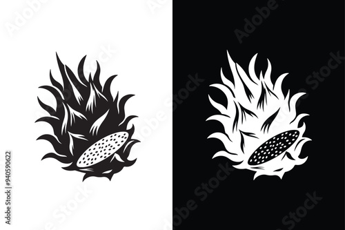 Dragon fruit victor icon with black and white background.