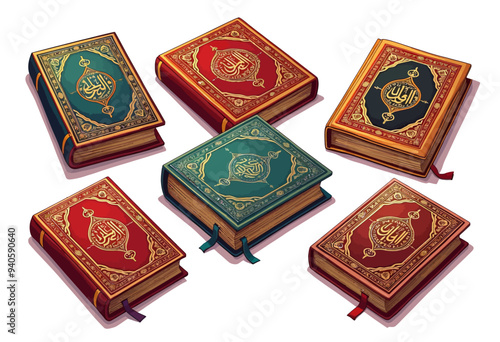 Islamic Quranic Books with Arabic Calligraphy and Illuminated Designs