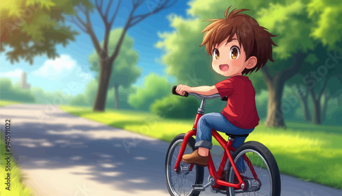Joyful Child Riding Bicycle in Park