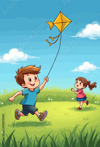 Joyful Children's Day Outing: Boy and Girl Running in a Field with Kite