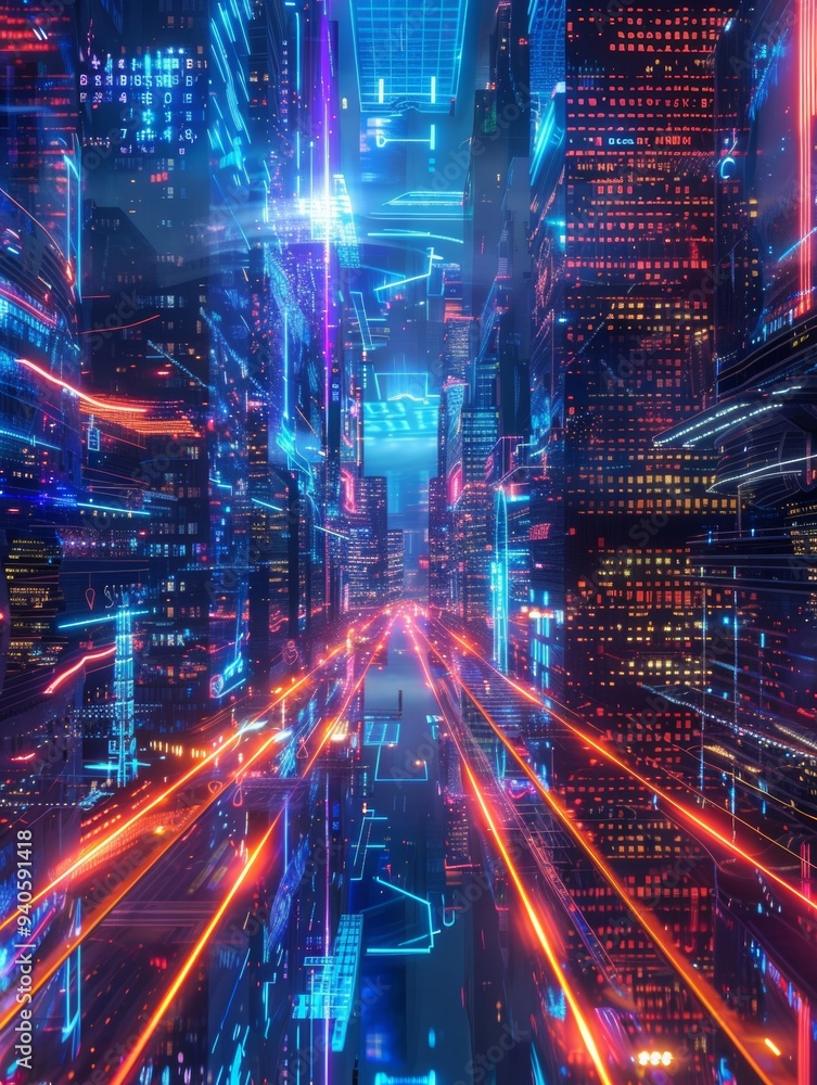 A dramatic and clear photo of a futuristic digital cityscape, featuring vibrant neon lights and dynamic data streams. A dramatic and clear photo of a futuristic digital cityscape, featuring vibrant neon lights and dynamic data streams.