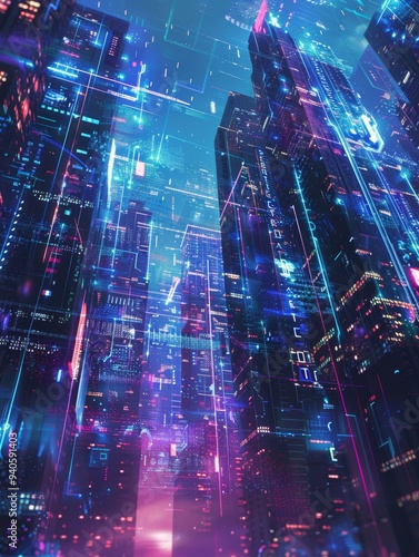 A dramatic and clear photo of a futuristic digital cityscape, featuring vibrant neon lights and dynamic data streams.