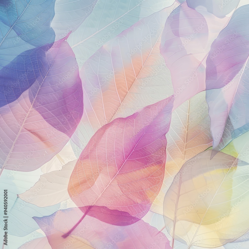 Colorful translucent leaves in pastel hues overlaying each other on a soft background, creating a delicate and airy visual effect. Nature concept. Colorful translucent leaves in pastel hues overlaying each other on a soft background, creating a delicate and airy visual effect. Nature concept.
