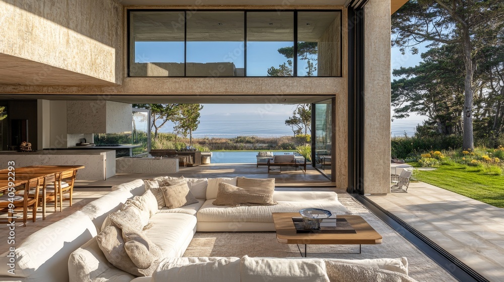 Mid-century coastal home interior design of modern living room in seaside villa Mid-century coastal home interior design of modern living room in seaside villa