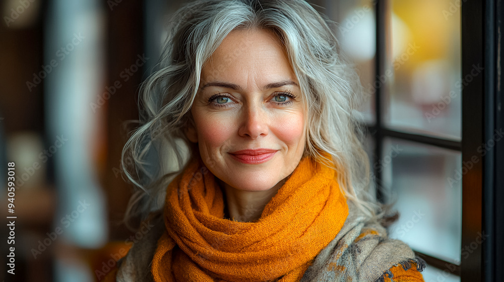 A woman with long hair and a scarf on her neck is smiling A woman with long hair and a scarf on her neck is smiling