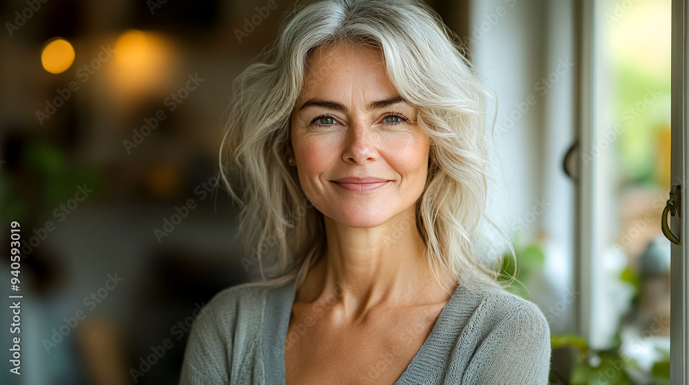 Obraz premium A woman with blonde hair and a smile is standing in front of a window