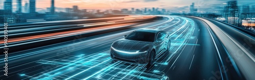 A futuristic electric vehicle glides on a high-tech highway, showcasing advanced driving tech
