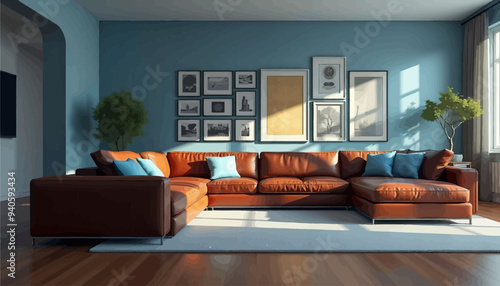 Modern Living Room with Brown Leather Sofa and Blue Pillows, Sunlit, Contemporary Artwork on Blue Wall, Wooden Floor, Natural Light, Minimalist Decor