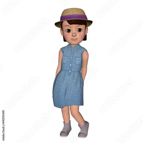 3D character cute blue dress girl in various poses design illustration, 3d rendering character girl pose animation