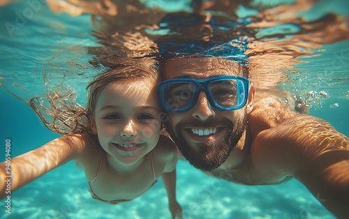 Father and daughter swimming underwater in a pool during summer vacation, goggle action shot, happy family on holiday, learning to swim, with a blue Fathers Day banner concept