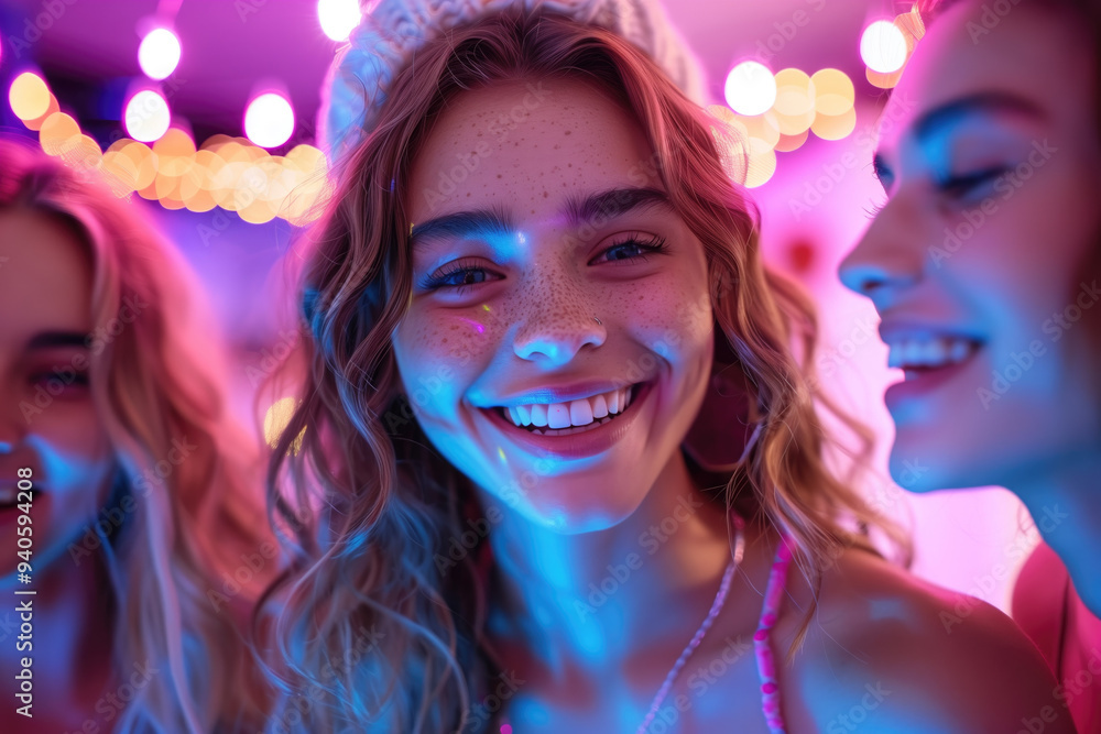 Group of teen girls smiling and having fun at a party surrounded by vibrant fairy lights, showcasing joy and energy in a lively environment Group of teen girls smiling and having fun at a party surrounded by vibrant fairy lights, showcasing joy and energy in a lively environment